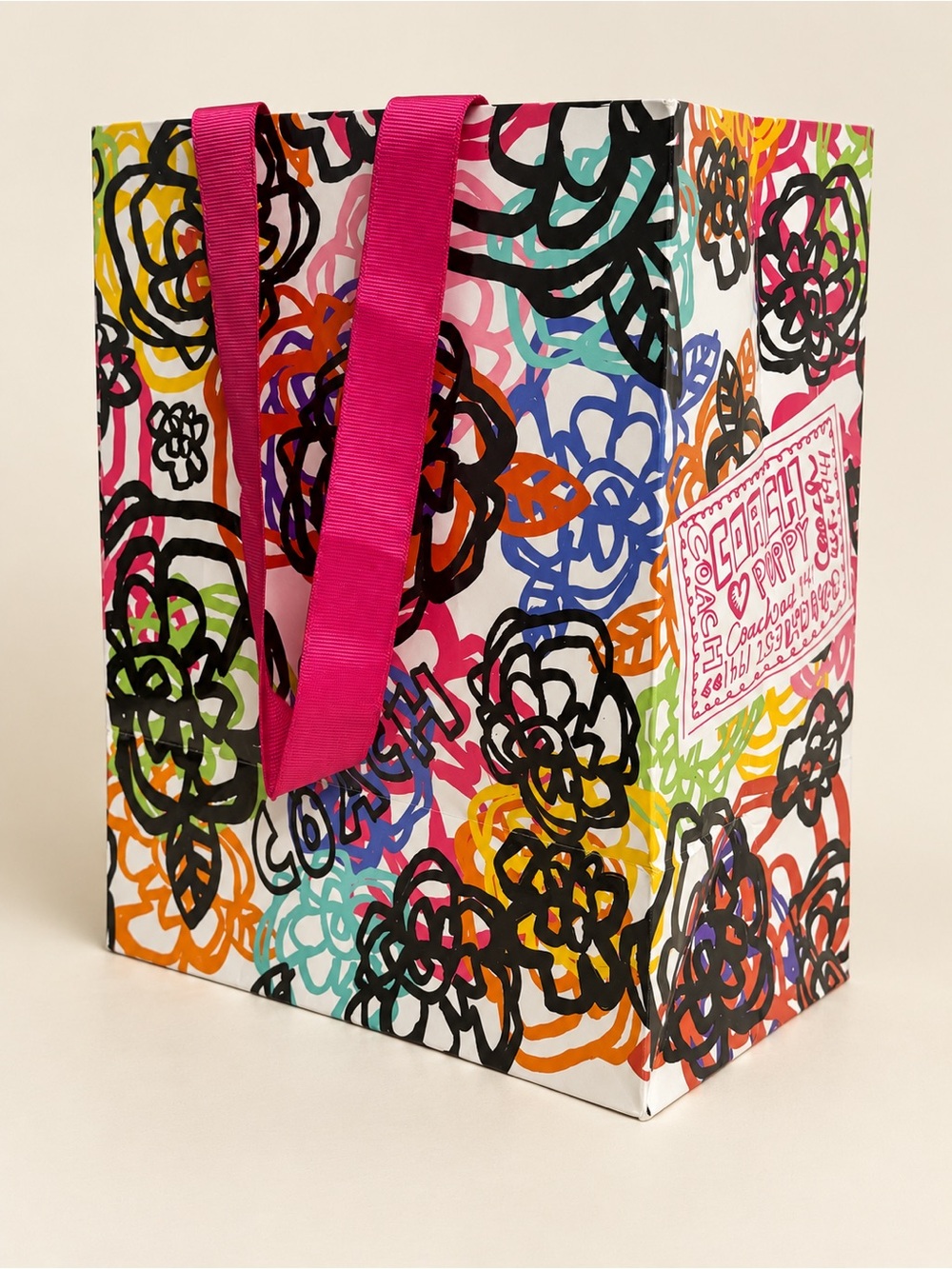 Coach Poppy Floral Scribble Gift Bag Pink Ribbon Handles Y2K